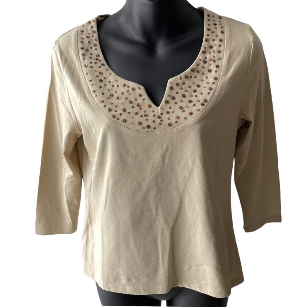 Coastal Preppy Beach V-Neck Sequins Front Tan 3/4 Sleeve Top Women’s S NEW